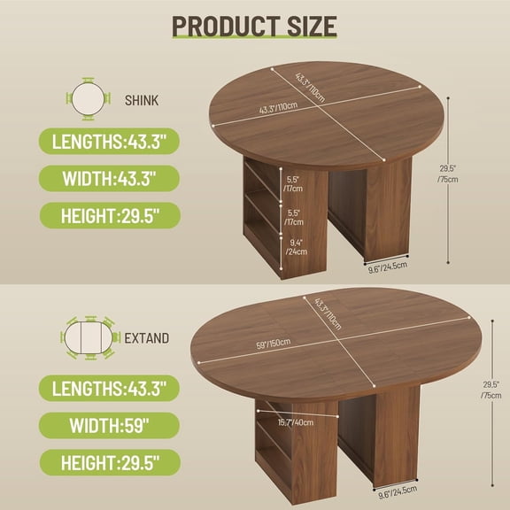59 Inch Extendable Dining Table with Storage Shelves for 4-8 People, Walnut Wooden Kitchen Table with Pedestal Base