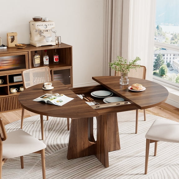 59-Inch Extendable Round Dining Table for Dining Room, 4-6 People Farmhouse Oval Wood Expandable Kitchen Dinner Table with Heavy Cross Pedestal for Living Room, Apartment, Dark Brown Walnut