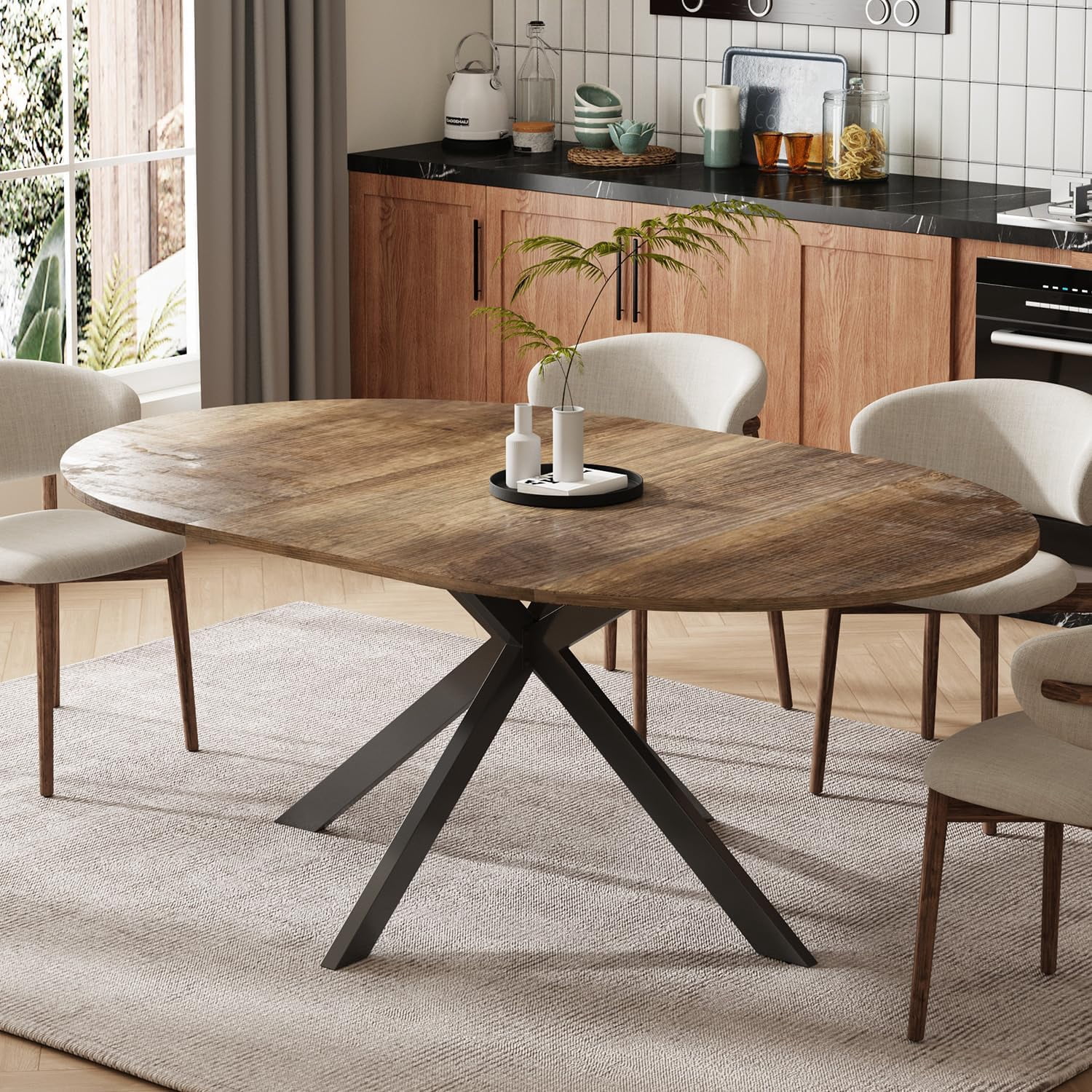 59-inch Extendable Round Dining Table for 4-6 People,  Large Oval Wood Top Kitchen Dinner Tables for Dining Room, Black Brown