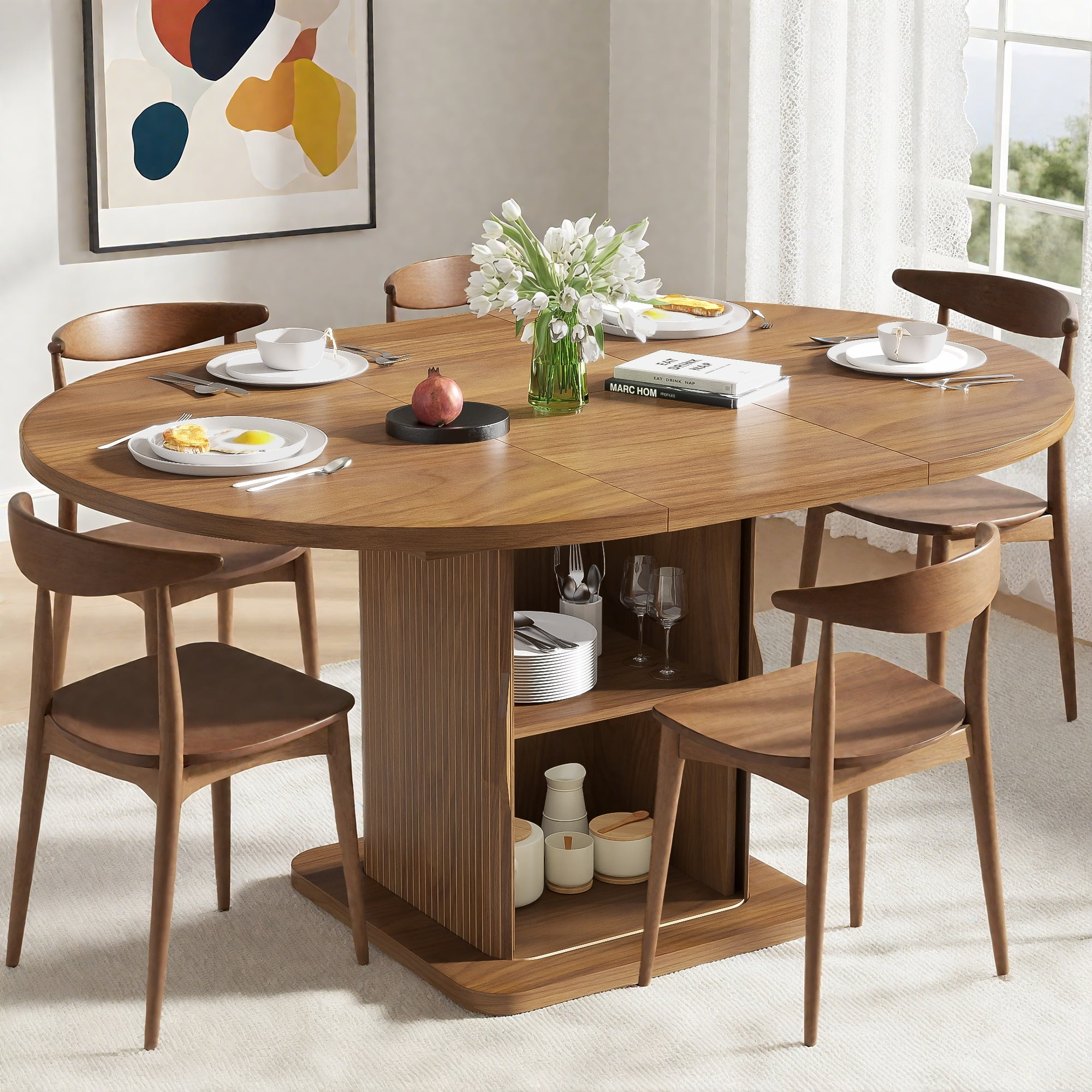 59 Inch Extendable Round Dining Table for 4-6, Kitchen Dining Table with Storage Shelf for Home Living Room, Walnut