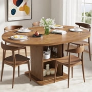 59 Inch Extendable Round Dining Table for 4-6, Kitchen Dining Table with Storage Shelf for Home Living Room, Walnut