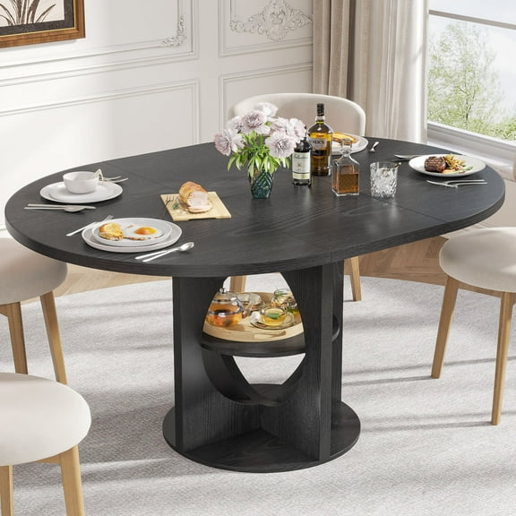 59 Inch Extendable Round Dining Table for 4-6, Oval Kitchen Table with Storage Shelf, Modern Circle Table for Living Room