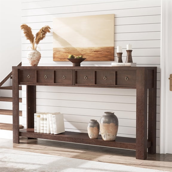 59 Inch Farmhouse Console Table with 6 Drawers & 2 Shelves, Entryway Sofa Table, Narrow Hallway Table with Reinforced L-Shape Legs