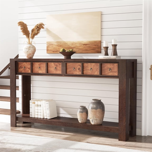 59 Inch Farmhouse Console Table with 6 Drawers & 2 Shelves, Entryway Sofa Table, Narrow Hallway Table with Reinforced L-Shape Legs