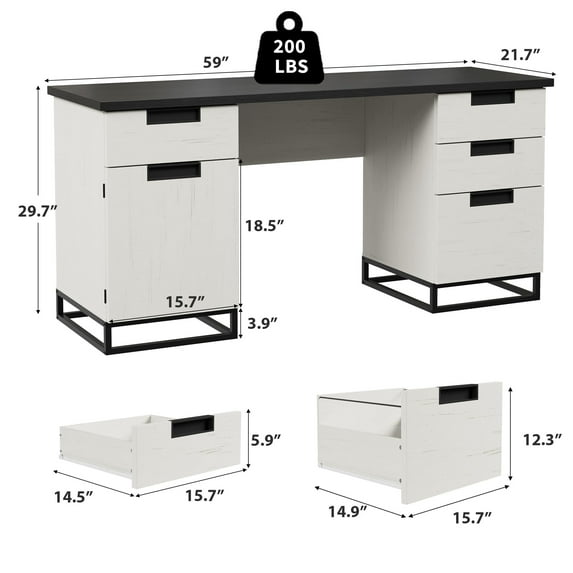 59-Inch Farmhouse Executive Desk – Wooden Home Office Computer Table with 3 Drawers, File Drawer & Storage Cabinet