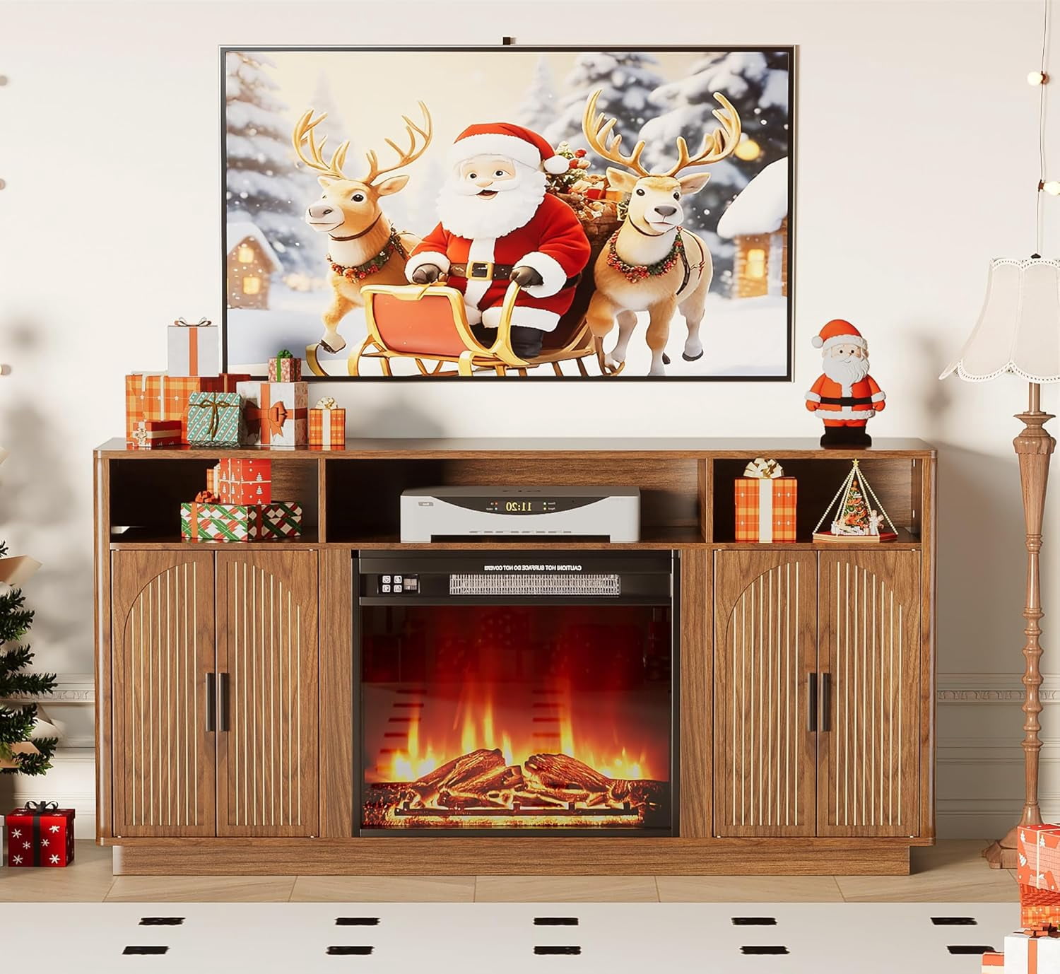 59 Inch Fireplace TV Stand with 23'' Electric Fireplace, Mid Century Modern Fluted Entertainment Center for TVs up to 65", TV Console with Storage for Living Room, Bedroom (Walnut,With Fireplace)