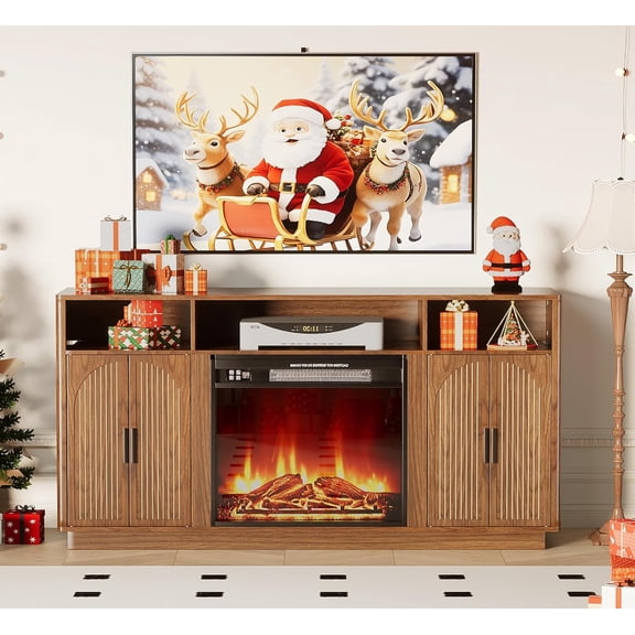 59 Inch Fireplace TV Stand with 23'' Electric Fireplace, Mid Century Modern Fluted Entertainment Center for TVs up to 65", TV Console with Storage for Living Room, Bedroom (Walnut,With Fireplace)