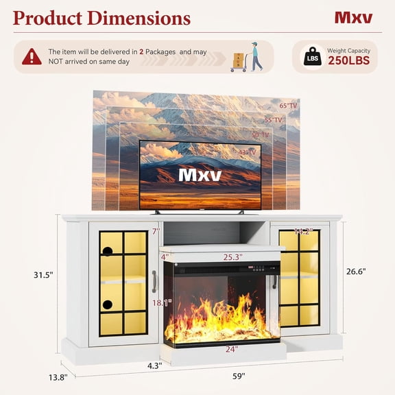 59 Inch Fireplace TV Stand with 3-Sided Glass, White Farmhouse Entertainment Center for Living Room