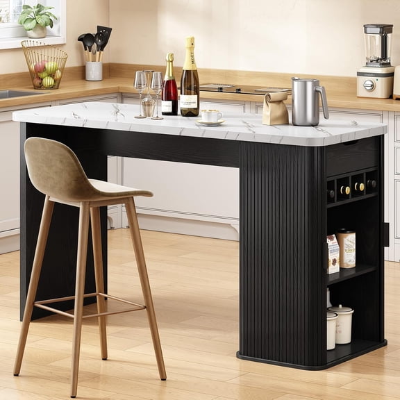 59 Inch Fluted Kitchen Island with Storage Marble Color | Counter Height Table, Home Bar Tables, Sliding Door, with Wine Rack and Drawers,for Kitchen, Living Room Apartment