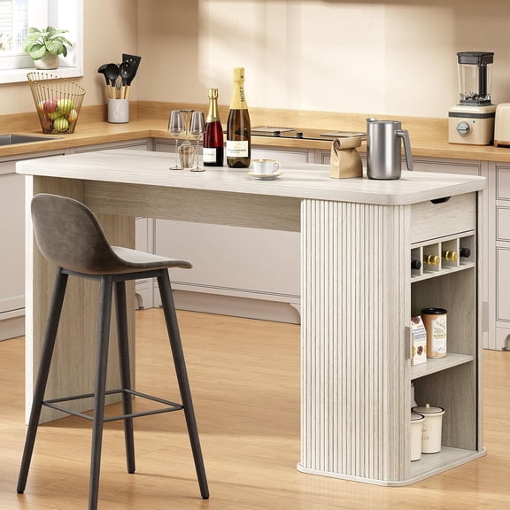 59 Inch Fluted Kitchen Island with Storage White | Counter Height Table, Home Bar Tables, Sliding Door, with Wine Rack and Drawers,for Kitchen, Living Room Apartment