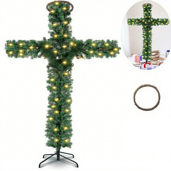 59 Inch Foldable Pre-Lit Christmas Tree with LED Lights Cross-Shaped Design for Indoor Outdoor Holiday Decoration