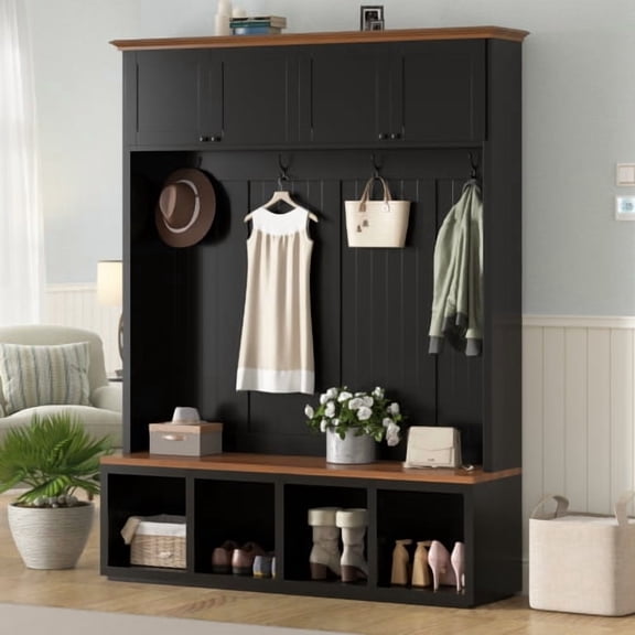 59 Inch Hall Tree with Bench and Storage, Farmhouse Entryway Coat Rack with 4 Hooks and Cabinets for Mudroom Living Room, Black