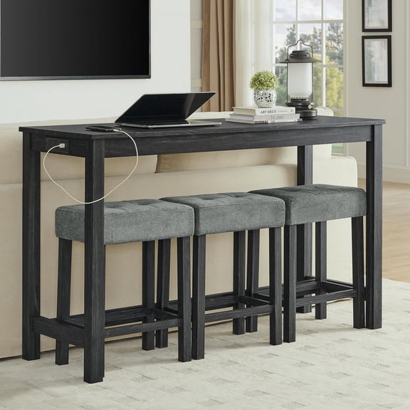 59 Inch Industrial Bar Table Set with Power Outlet 3 Padded Stools Solid Wood Console Table for Living Room Dining Room Black