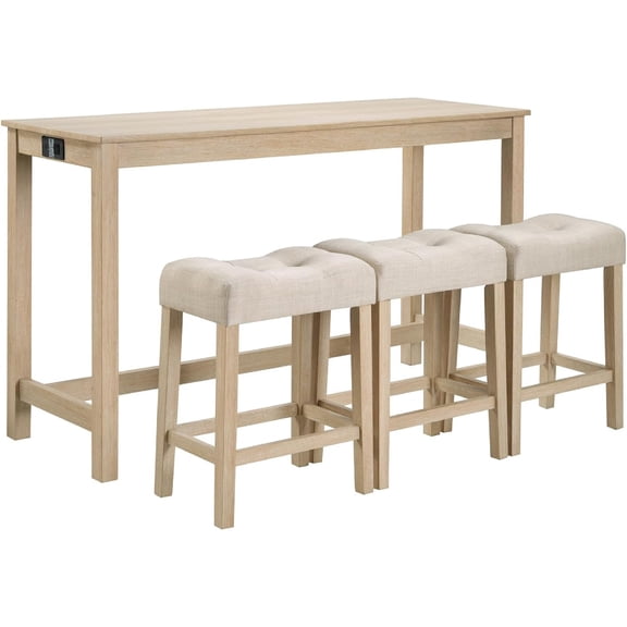 59 Inch Industrial Bar Table Set with Power Outlet 4 Piece Dining Table with 3 Padded Stools for Kitchen Living Room Dining Room Light Oak