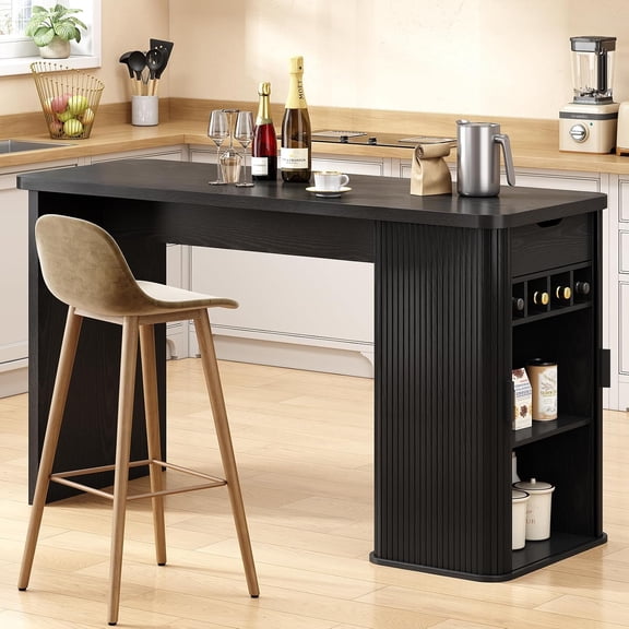59 Inch Kitchen Island with Storage, Fluted Counter Height Table, Mid-Century Modern Kitchen Island Table with Sliding Door, Home Bar Tables with Wine Rack and Drawers Black
