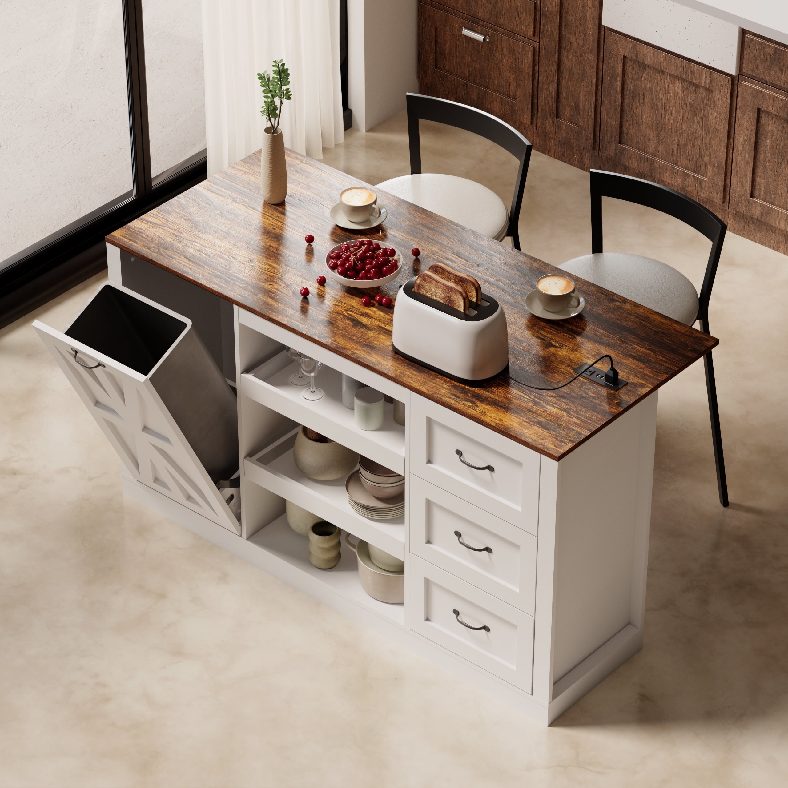 59-Inch Kitchen Island with Drop Leaf & Power Outlet, Breakfast Bar with Trash Can Storage, White - Walmart.com