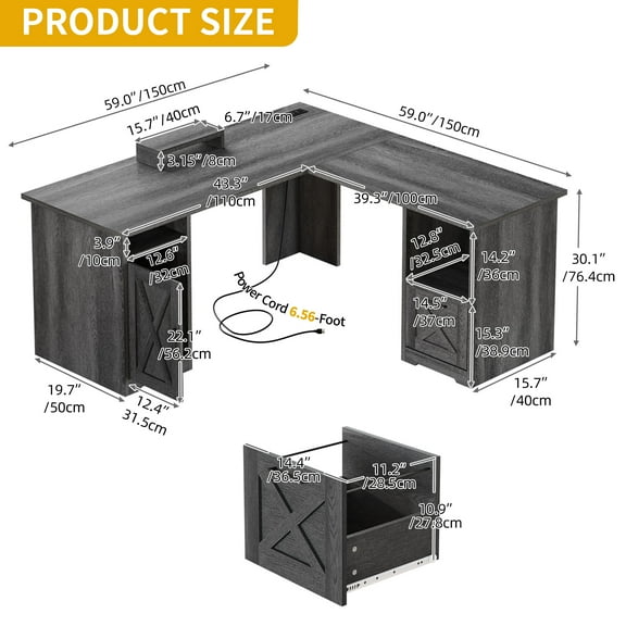 59 Inch L-Shaped Desk with Power Outlet & USB Ports, Office Desk with File Cabinets, Large Computer Desk with Drawers, 2 Person Corner Desk Writing Desk with Storage Shelves, Gray