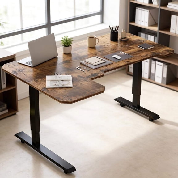 59 Inch L Shaped Electric Height Adjustable Office Desk with Charging Port, Sit Stand Computer Table for Home or Office (Brown)