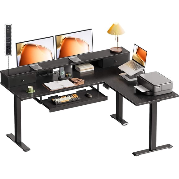 59 Inch L-Shaped Electric Height Adjustable Standing Desk with Drawers, Monitor Stand, Keyboard Tray, and Power Outlets