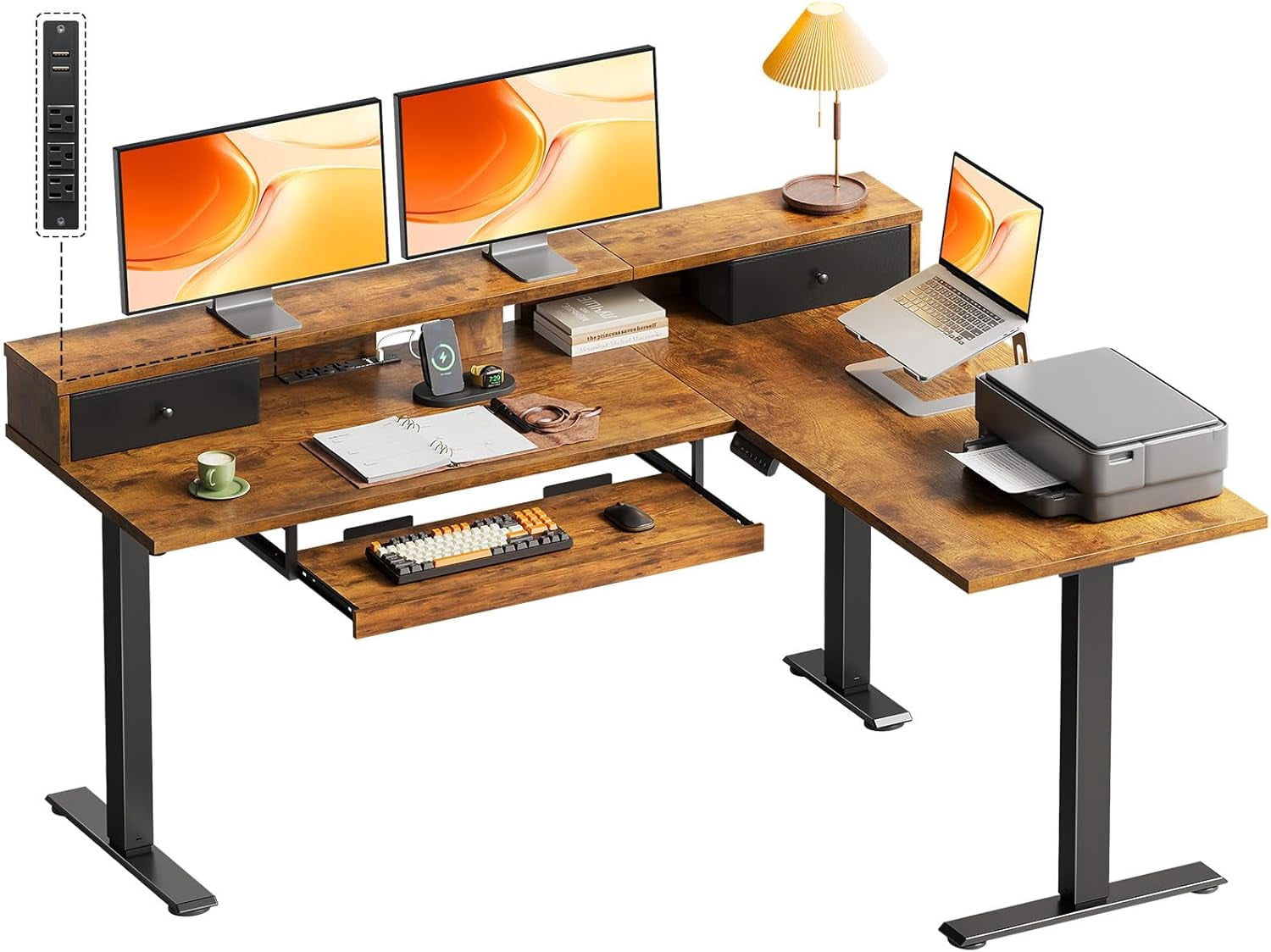 59 Inch L Shaped Electric Standing Desk with Drawers, Rustic Brown ...