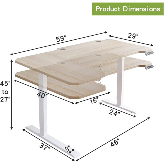 59-Inch Large Electric Height Adjustable Computer L-Shaped Desk with Memory Controller Corner Standing Desk Modern Workstation with Splice Board Ergonomic Desk (White Frame + Oak Top)