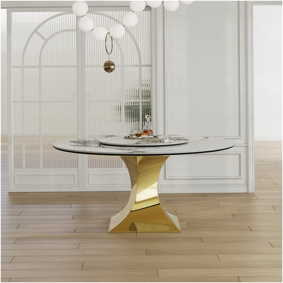 59 Inch Luxury Round Sintered Stone Dining Table with Gold Hourglass Base, White Marble-Look Kitchen Table for 6 Seater, Heat & Scratch Resistant