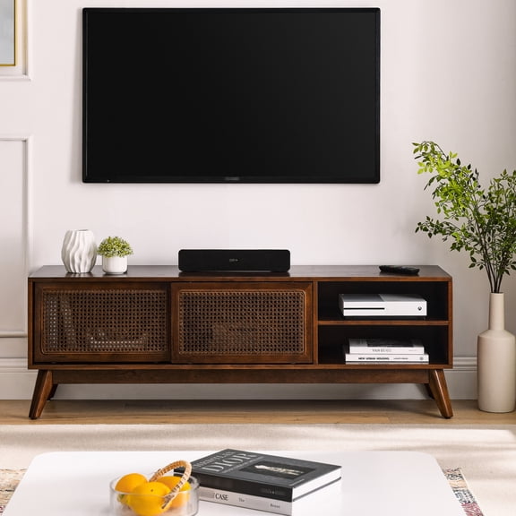 59 Inch Media Stand | Holds 65 Inch TVs, Living Room Decoration | Rattan Doors, High - Quality Build | Avoids Floor Scratching