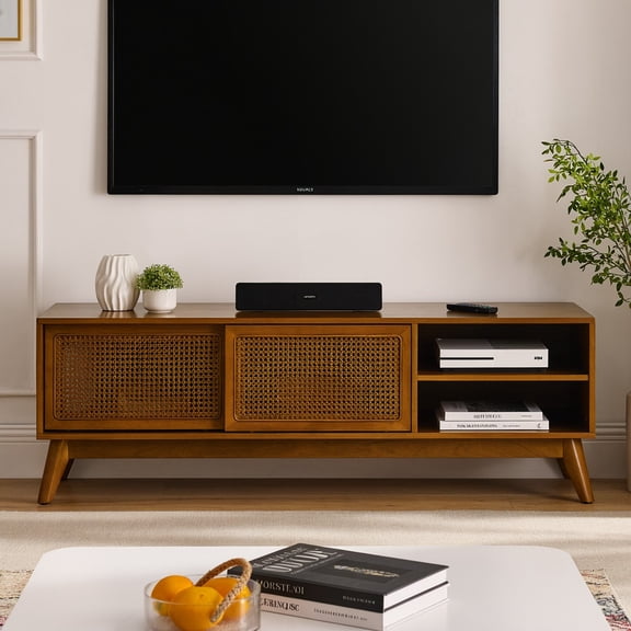 59 Inch Mid Century Modern Rattan TV Stand for 65 Inch TV, Entertainment Cabinet, Media Console for Living Room Media Room, Solid Wood Feet & Rattan Cabinet Doors - Light Wood