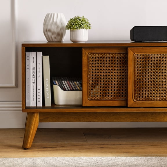 59 Inch Mid Century Modern Rattan TV Stand for 65 Inch TV, Entertainment Cabinet, Media Console for Living Room Media Room, Solid Wood Feet & Rattan Cabinet Doors - Light Wood