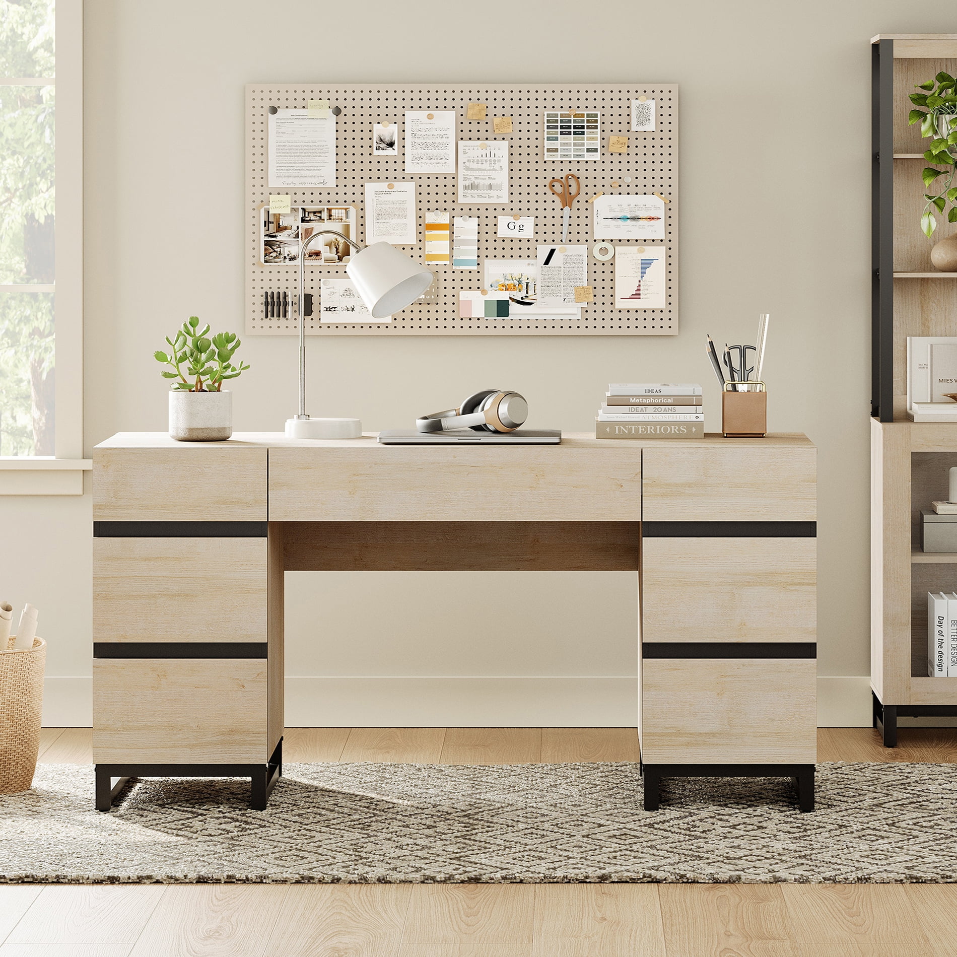 59 Inch Modern Executive Desk, Rustic Wood Computer Desk with 7 Drawers and Built-in Charging Station, Multipurpose Study Work Table for Home Office, Bedroom & Living Room, Beige