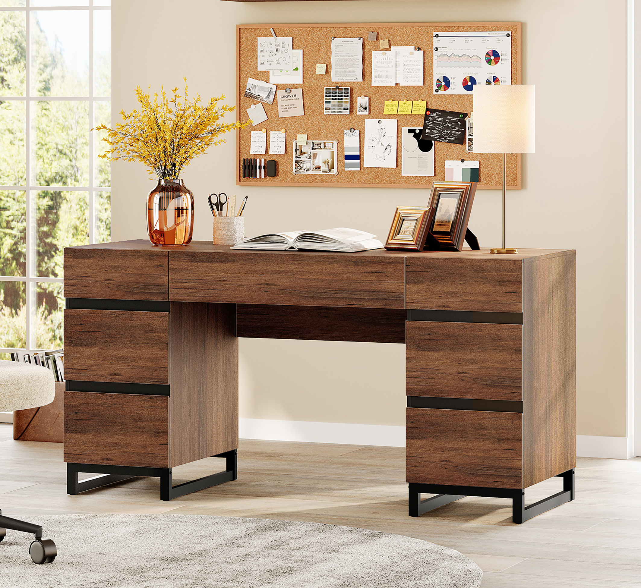 59 Inch Modern Executive Desk, Rustic Wood Computer Desk with 7 Drawers and Built-in Charging Station, Multipurpose Study Work Table for Home Office, Bedroom & Living Room, Brown