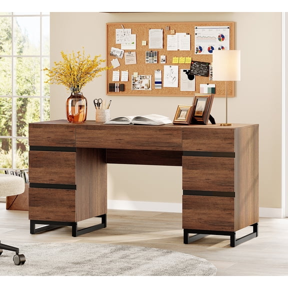 59 Inch Modern Executive Desk, Rustic Wood Computer Desk with 7 Drawers and Built-in Charging Station, Multipurpose Study Work Table for Home Office, Bedroom & Living Room, Brown