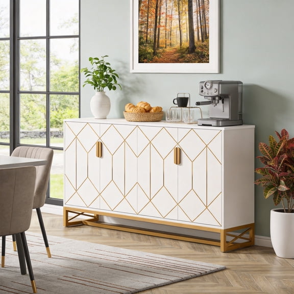 59 Inch Modern Sideboard Buffet Cabinet White & Gold With Doors Ample Storage For Kitchen Dining Living Room Entryway Console