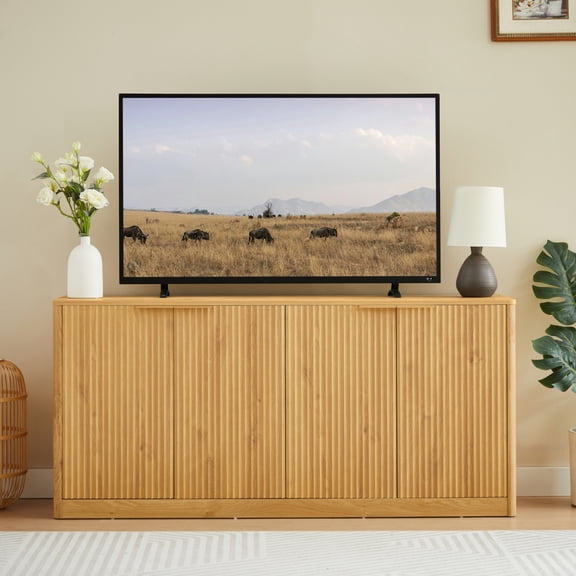 59 Inch Modern Wavy Sideboard 4 Door MDF Storage Cabinet Natural Multi Functional TV Stand For Kitchen Bedroom Living Room Item Code