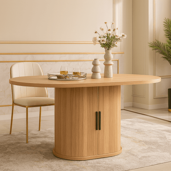 59 Inch Oval Dining Table for 4-6 Oval Table Kitchen Modern Oval Dining Room Table with 2-Layer Storage Shelf and Wood Slide Door Oval Kitchen Tables for Dining Room