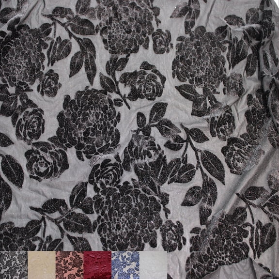 59 Inch Polyester Nylon Spandex Floral Printed Burnout Velvet Stretch Fabric, Black, by the yard.