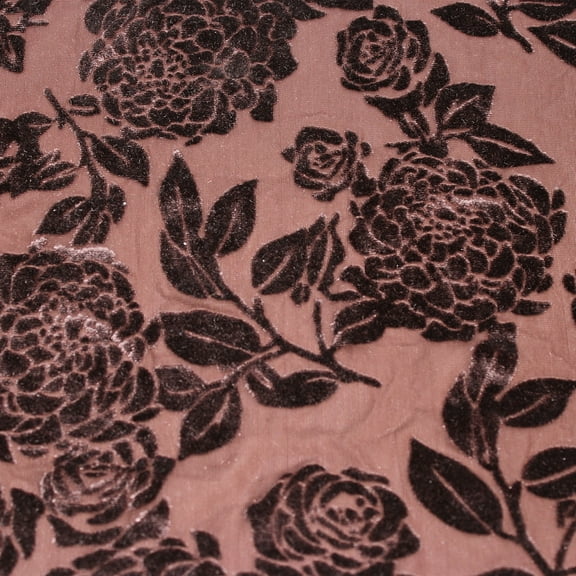 59 Inch Polyester Nylon Spandex Floral Printed Burnout Velvet Stretch Fabric, Brown, by the yard.