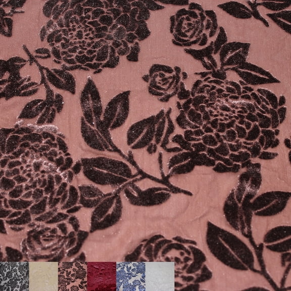 59 Inch Polyester Nylon Spandex Floral Printed Burnout Velvet Stretch Fabric, Brown, by the yard.