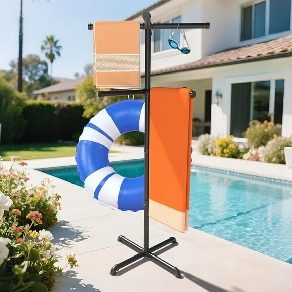 59 Inch Pool Towel Rack Outdoor, Pool Towel Holder with 8 Bars, Poolside Towel Rack with Anti-Tipping Design Base, Free Standing Rack for Outdoor, Pool, Bathroom, Spa, Hot Tub