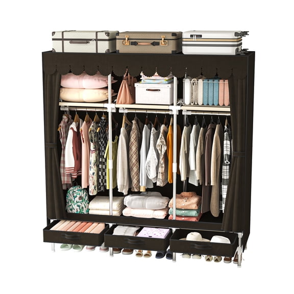 59 Inch Portable Wardrobe Closet, 6 Storage Spaces with Hanging Area, 3 drawers,Steel Frame Fabric Organizer, Easy Assembly and Dust Resistant Design,brown