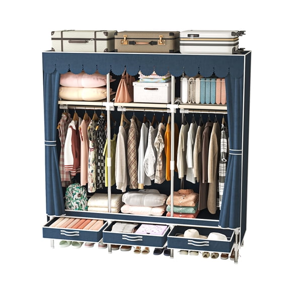 59 Inch Portable Wardrobe Closet, 6 Storage Spaces with Hanging Area, 3 drawers,Steel Frame Fabric Organizer, Easy Assembly and Dust Resistant Design