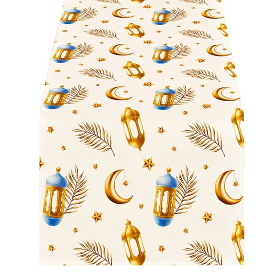 59 Inch Ramadan Table Runner, Eid Mubarak Islamic Lantern and Star Design, Polyester Fabric Dining Table Decoration for Kitchen, Mantel, Party and Holiday Home Decor