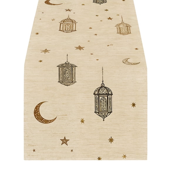 59 Inch Ramadan Table Runner, Eid Mubarak Islamic Lantern Star Design, Polyester Fabric Table Decoration for Dining Table, Kitchen, Mantel and Holiday Party Decor