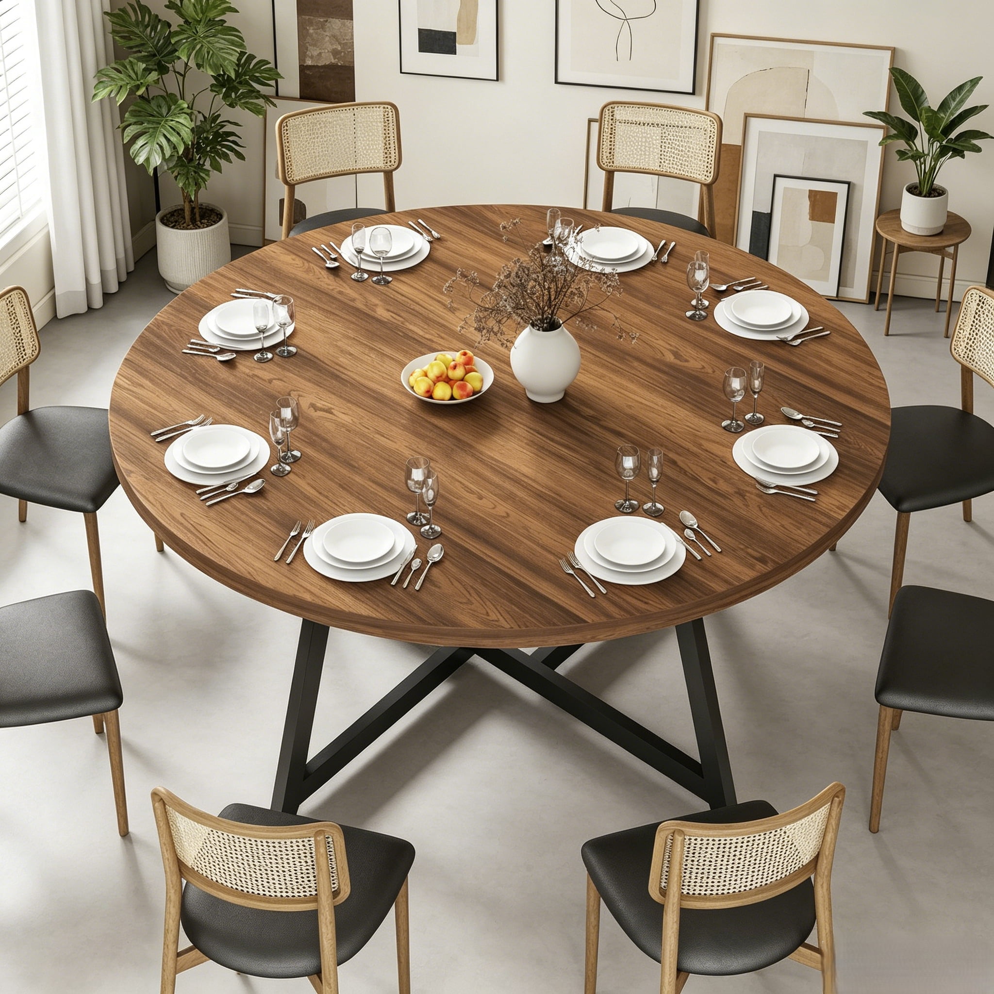 JassmiPkwy Round Dining Table for 4-8 People,Kitchen Dining Room Circle Dinner Pedestal Table,Space Saving Wood Kitchen & Dining Room Furniture (Brown, 59In)