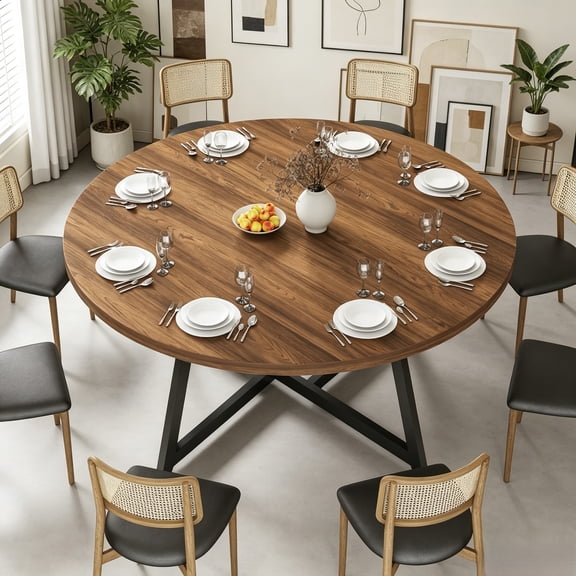 JassmiPkwy Round Dining Table for 4-8 People,Kitchen Dining Room Circle Dinner Pedestal Table,Space Saving Wood Kitchen & Dining Room Furniture (Brown, 59In)