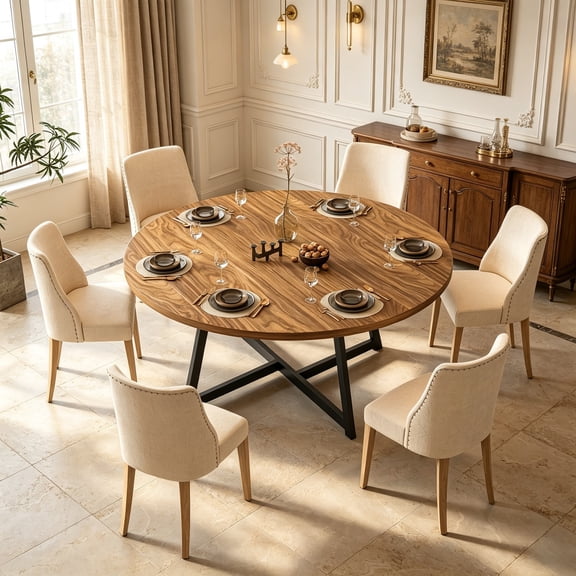 JassmiPkwy Round Dining Table for 4-8 People,Kitchen Dining Room Circle Dinner Pedestal Table,Space Saving Wood Kitchen & Dining Room Furniture (Brown, 59In)
