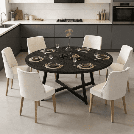 JassmiPkwy Round Dining Table for 4-8 People,Kitchen Dining Room Circle Dinner Pedestal Table,Space Saving Wood Kitchen & Dining Room Furniture (Black, 59In)