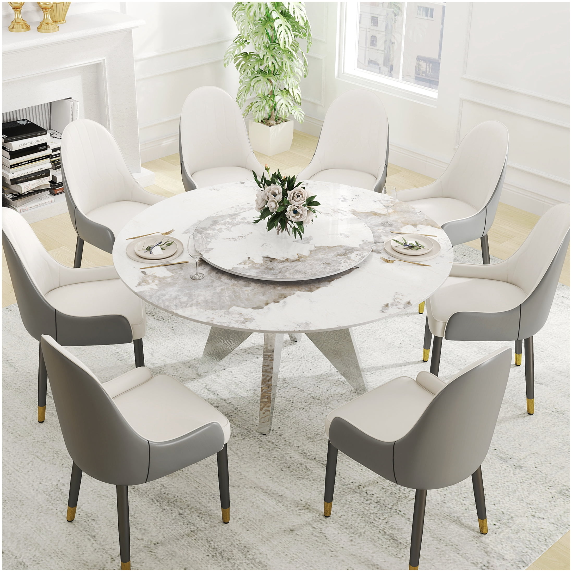 59 Inch Round Dining Table with Rotating Top, Stainless Steel Pedestal ...