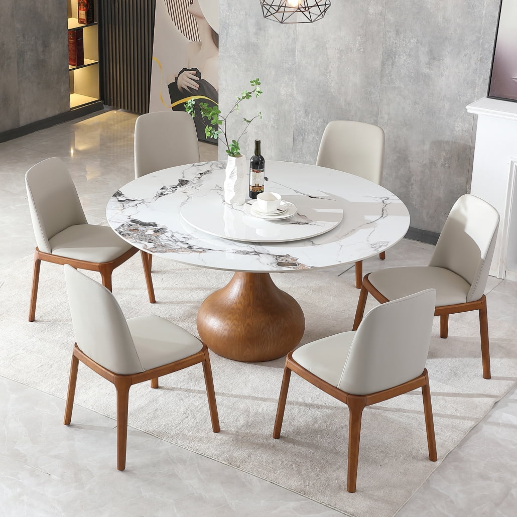 59 Inch Round Sintered Stone Dining Table with Rotating Lazy Susan for ...