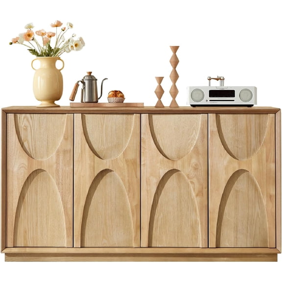 59 Inch Sideboard Buffet Cabinet Storage Mid-Century Modern Sculpted Doors Adjustable Shelves Accent Credenza for Living Room Kitchen Hallway Natural